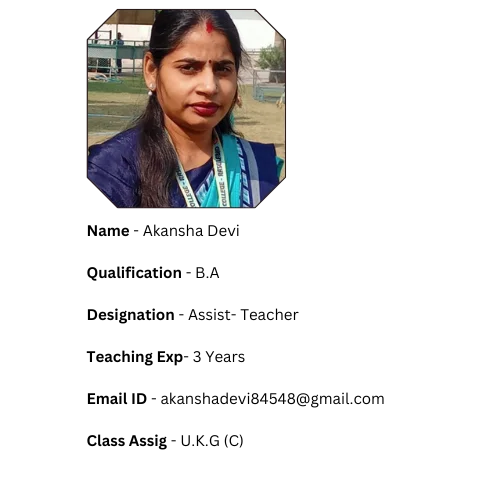 Name - Akansha Devi Qualification - B.Sc., M.Sc.( Chemistry), BTC Designation - Assist- Teacher Teaching Exp- 1 Years Email ID - priyarajpoot060703@gmail.com Class Assig - 1st (C)