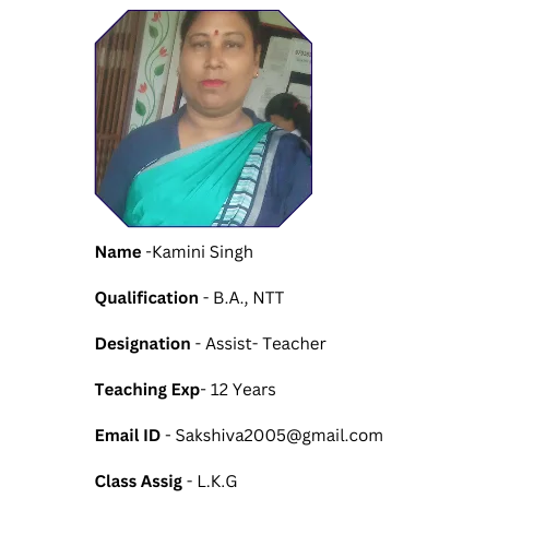 Name -Kamini Singh Qualification - B.T.C, TET, CTET, M.A, (CCC) Designation - Assist- Teacher Teaching Exp- 3 Years Email ID - sangitapals00189@gmail.com Class Assig - L.K.G